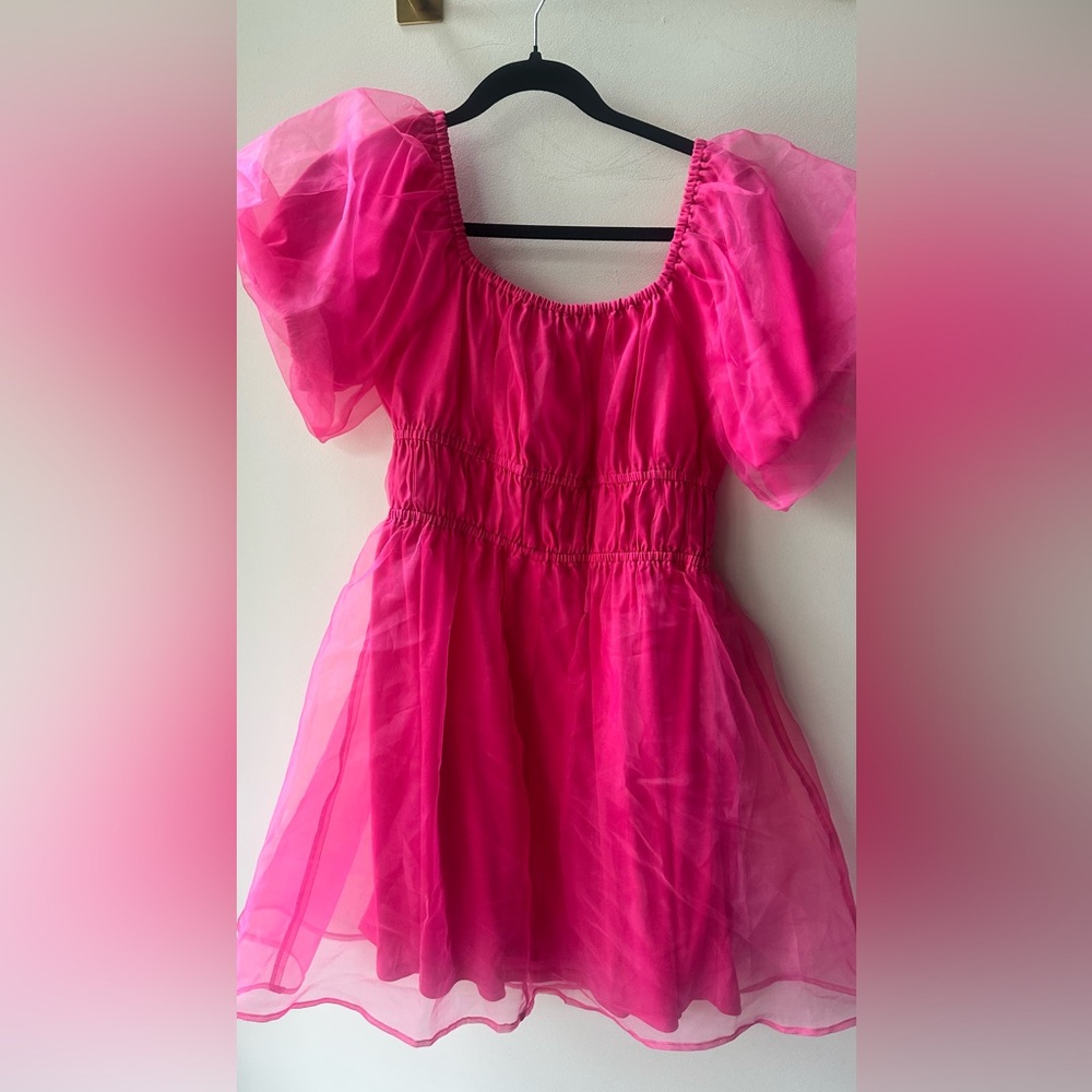 Bibi, Hot Pink Organza Puff Sleeve Mini Dress, Size S | 0216 - Picture 2 of 6